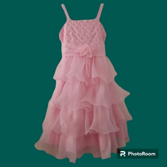 RICHIE HOUSE Pink Lattice Pearl Cascade Ruffle Chiffon Tie Back Party Dress - Picture 1 of 8